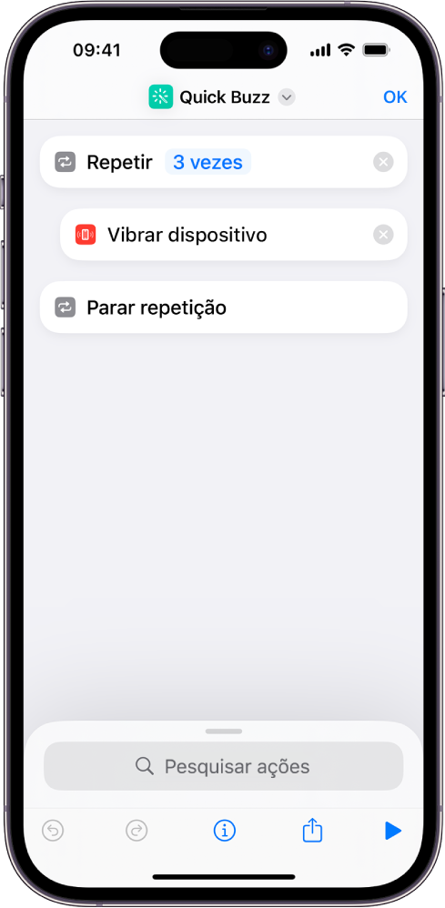 Ação "Vibrar dispositivo" definida para repetir três vezes.