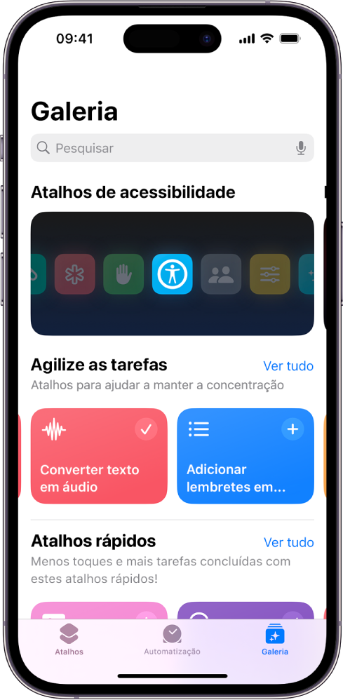 Galeria da aplicação Atalhos.