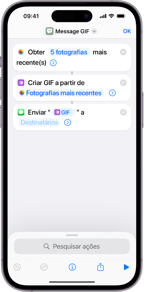 Editor de atalhos a mostrar ações usadas para enviar uma mensagem com fotografias e um GIF animado.