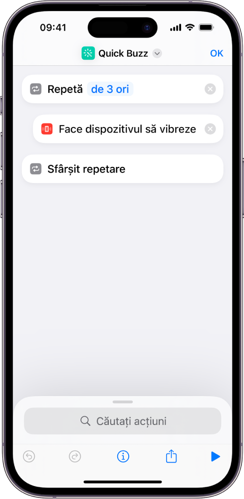 Acțiunea "Vibrare dispozitiv" configurată pentru repetarea de trei ori.