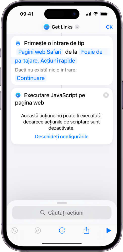 Acțiunea “Executare JavaScript pe pagina web” în editorul de scurtături.