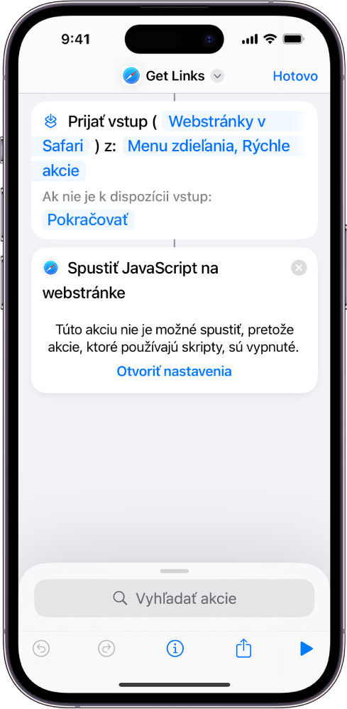 Akcia Spustiť JavaScript na webovej stránke v editore skratiek.