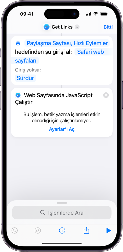 Kestirme düzenleyicide Web Sayfasında JavaScript Çalıştır işlemi.