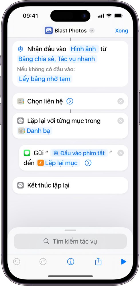 Phím tắt mẫu đang hiển thị các tác vụ “Lặp lại”.