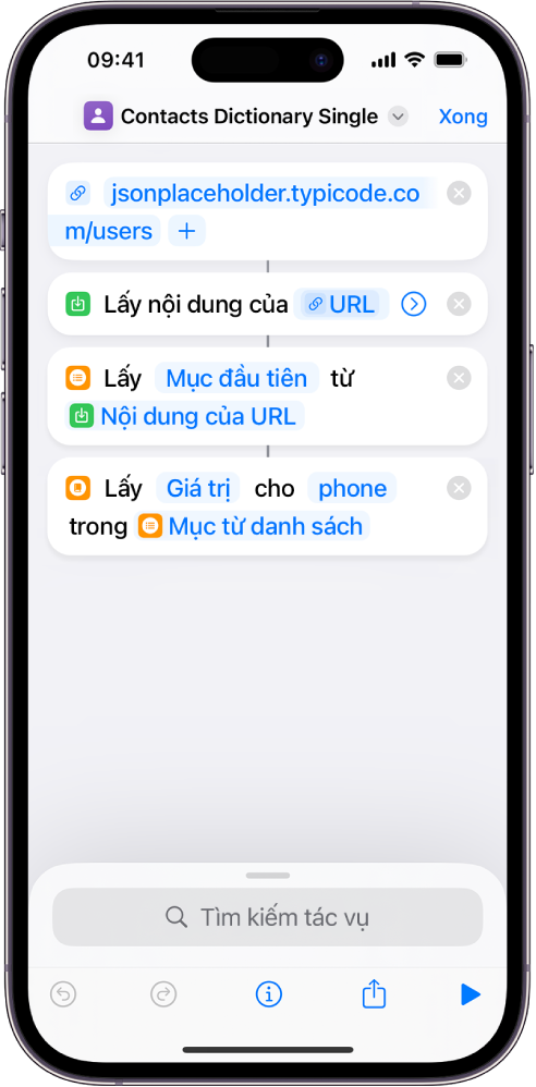 Tác vụ Lấy giá trị từ điển trong trình sửa phím tắt với khóa được đặt thành phone.