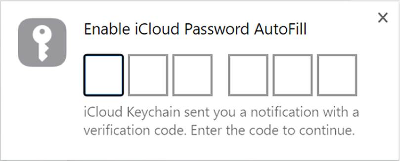 The dialogue for entering a verification code in iCloud Passwords.