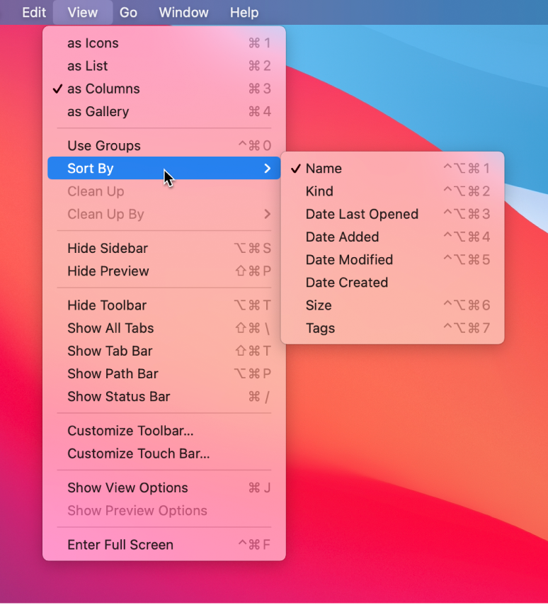 View menu with Arrange By submenu open