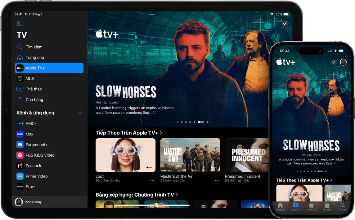 iPad và iPhone đang hiển thị ứng dụng Apple TV