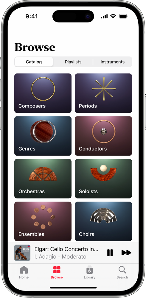 يعرض iPhone علامة التبويب تصفح في Apple Music Classical. توجد في أعلى الشاشة الأزرار Catalog وPlaylists وInstruments. تظهر الفئات المختلفة في منتصف الشاشة وأسفلها MiniPlayer، حيث يعرض المسار الذي يجري تشغيله حاليًا. في أسفل الشاشة توجد الأزرار Home و Browse و Library و Search.