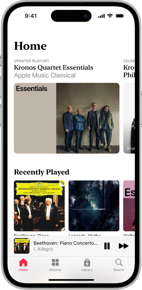 En iPhone med fanen Home i Apple Music Classical. Øverst på skærmen er en udvalgt playliste. De senest afspillede playlister vises midt på skærmen, og under dem er miniafspilleren, som viser det spor, der afspilles i øjeblikket. Allernederst på skærmen er knapperne Home, Browse, Library og Search.