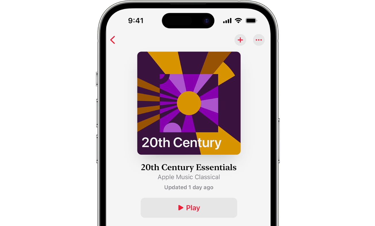 iPhone, jossa näkyy kuva soittolistasta, soittolistan nimi ja toistopainike Apple Music Classicalissa.