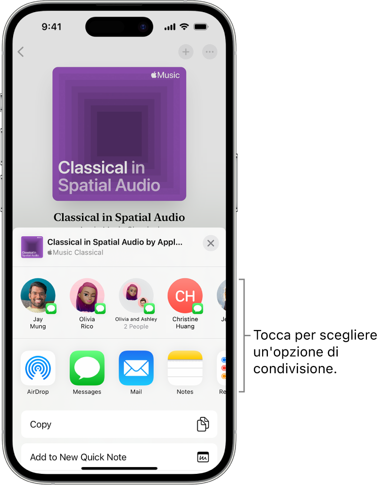 Uno schermo di iPhone dove, sotto a una playlist di musica classica, sono visibili i contatti e le opzioni di condivisione.