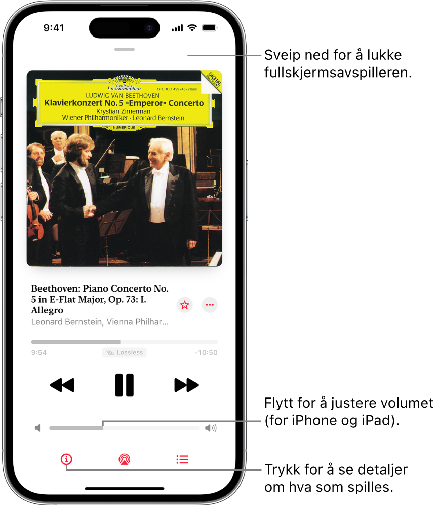 En iPhone viser Now Playing-skjermen i Apple Music Classical. Øverst på skjermen vises et grått felt du kan trykke på for å skjule Now Playing-skjermen og bytte tilbake til minispilleren. Nedenfor feltet vises albumbildet, navnet på verket og tidslinjen, som viser lengden på sporet og hvor mye tid som er brukt. I den nedre delen av skjermen vises knappene for Hopp tilbake, Sett på pause og Hopp fram, volumkontrollen, og knappene for Informasjon, AirPlay og Neste som spilles.