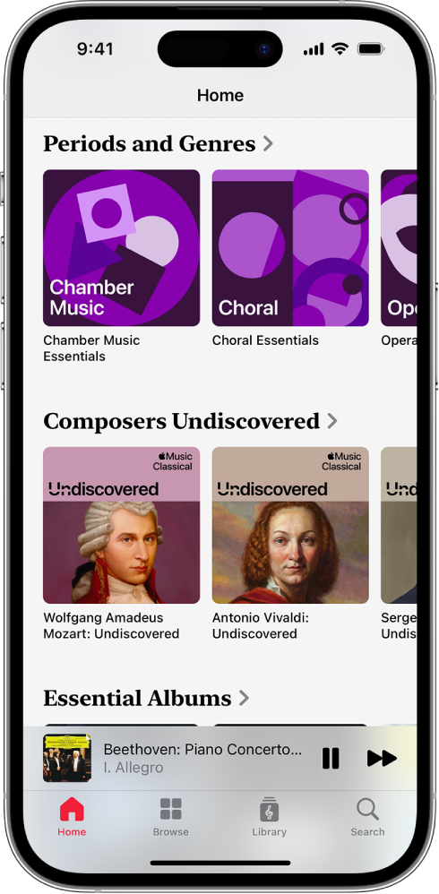 iPhone zobrazujúci tab Home (Domov) v Apple Music Classical. Obrazovka zobrazuje kategórie Obdobia, Žánre a Ukryté skvosty, a pod nimi je Miniprehrávač zobrazujúci aktuálne prehrávanú skladbu. Úplne naspodku obrazovky sú tlačidlá Domov, Prechádzať, Knižnica a Hľadať.