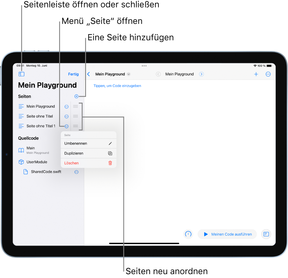 Ein Playground ist geöffneten und es werden Optionen zum Öffnen und Schließen der Seitenleiste, zum Öffnen des Menüs „Seite“, zum Hinzufügen einer Seite und zum Neuanordnen der Seiten angezeigt.