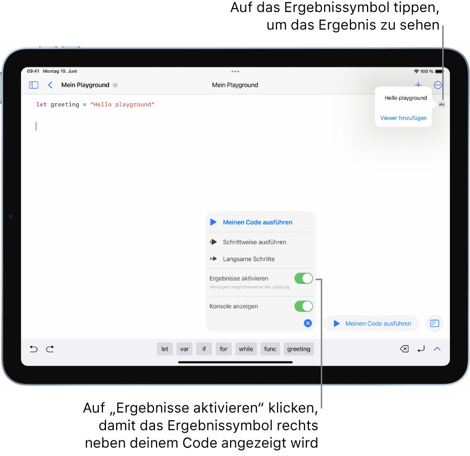 In einem geöffneten Playground-Buch wird das Menü für das Ergebnissymbol angezeigt und die Optionen „Ergebnisse aktivieren“ und „Konsole einblenden“ sind ausgewählt.