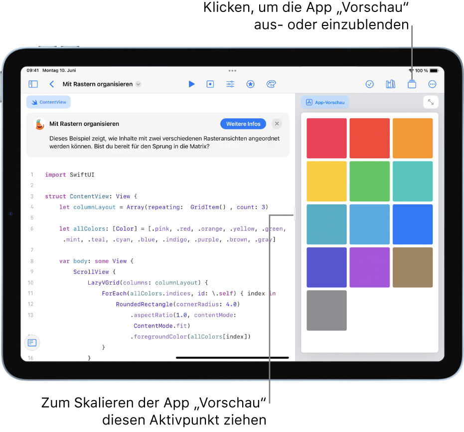 Eine App, die zeigt, wie Inhalte in zwei verschiedenen Rasterdarstellungen angeordnet werden. Die App-Vorschau auf der rechten Seite zeigt das Ergebnis des Codes im Codierungsbereich auf der linken Seite.