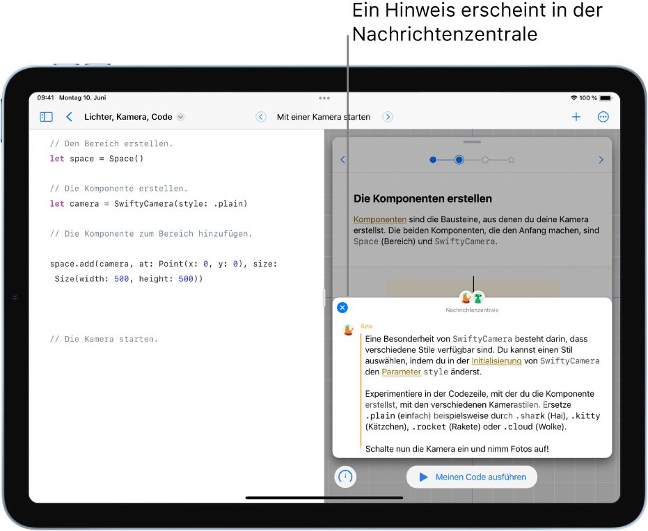 In einem geöffneten Playground-Buch wird in der geöffneten Nachrichtenzentrale eine Nachricht mit Feedback angezeigt.