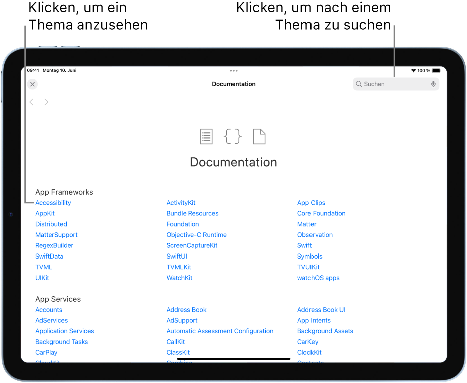Die Seite „Inhaltsverzeichnis“ in der Entwicklerdokumentation mit der Suchtaste oben rechts sowie den Themen, die angezeigt werden, wenn du darauf tippst.