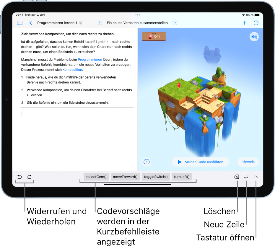 Die Kurzbefehlleiste unten im Bildschirm und (von links nach rechts) die Tasten zum Widerrufen und Wiederholen, für Codevorschläge, zum Löschen, für eine neue Zeile und zum Öffnen der Tastatur.