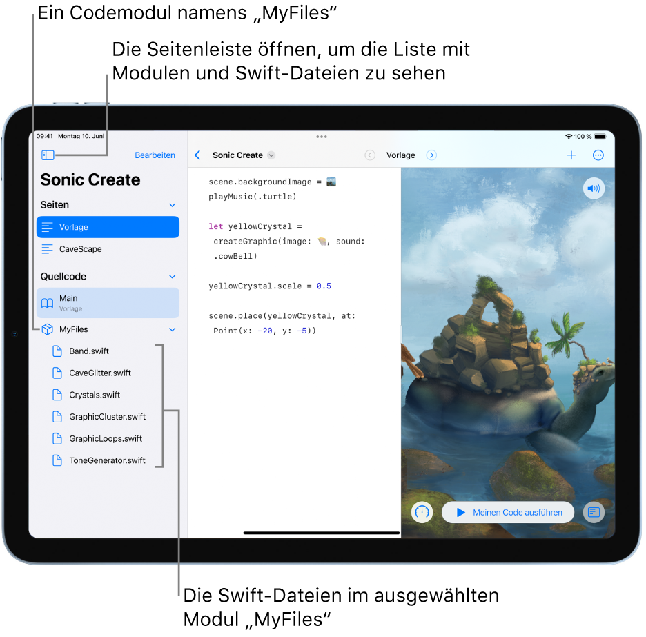 Eine Playground-Seite und die geöffnete Seitenleiste. Im Abschnitt „Seiten“ ist die Seite „Vorlagen“ ausgewählt. In der geöffneten Seitenleiste werden die darin enthaltenen Swift-Dateien aufgelistet.