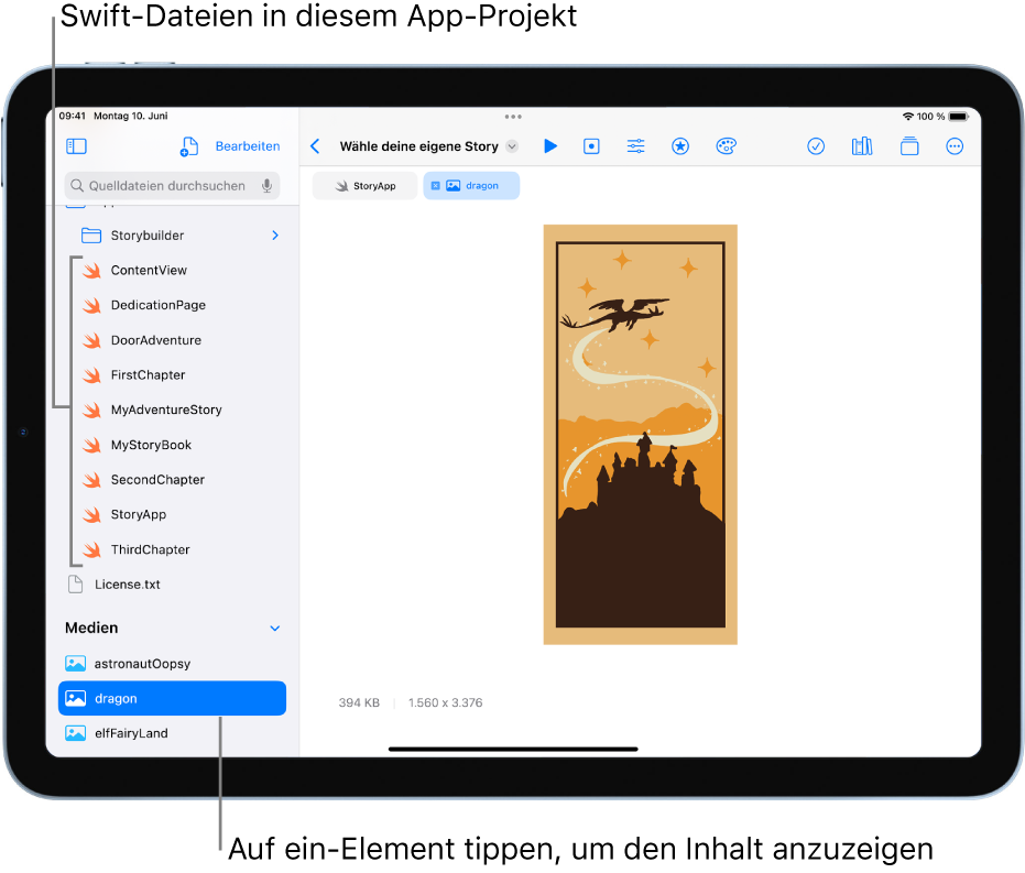 Ein geöffneter App-Playground mit dem Namen „Wähle deine eigene Story“. Der Codierungsbereich ist sichtbar und die linke Seitenleiste ist geöffnet. Sie zeigt die Swift- und weitere Mediendateien im App-Playground an. In der linken Seitenleiste ist die Mediendatei „Dragon“ ausgewählt. Ihre Inhalte werden im Codierungsbereich angezeigt.