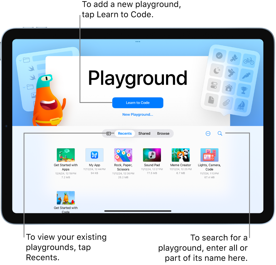 The Swift Playground welcome screen with options to Learn to Code or Create New App, and existing apps shown below in the Recents tab.