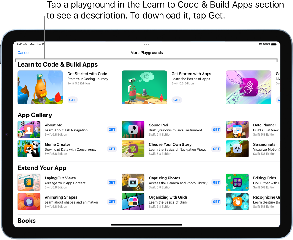 The More Playgrounds screen, showing the tutorials in the Learn to Code & Build Apps section at the top.