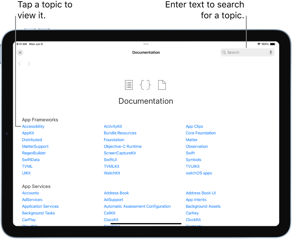 The Table of Contents page in the developer documentation, showing the search button at the top right, and topics you can tap to read.