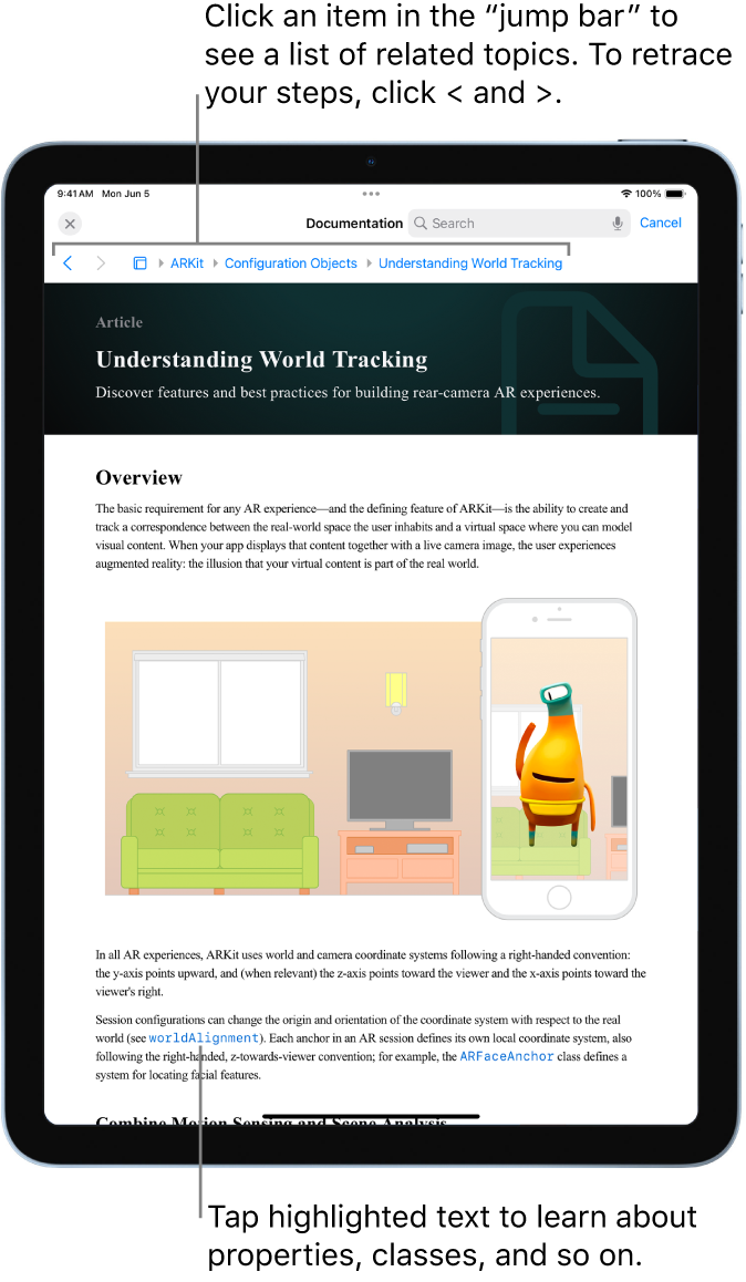 A page from an article about augmented reality (AR) in Apple’s developer documentation. The “jump bar” at the top shows your steps through the documentation. Tap an element in the bar to get a list of related topics you can quickly jump to. To retrace your steps, tap the forward and back arrows.