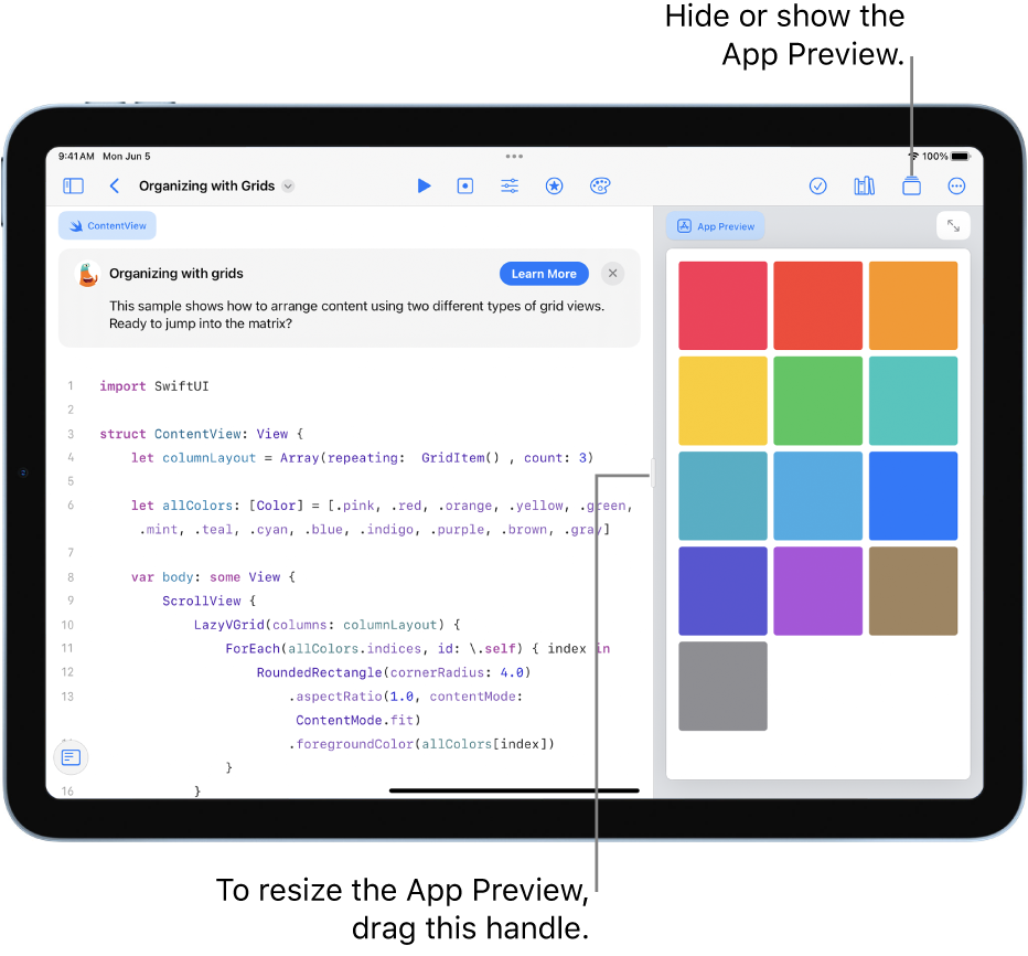 An app that shows how to arrange content in two different grid views. The App Preview on the right displays the result of the code in the coding area to the left.