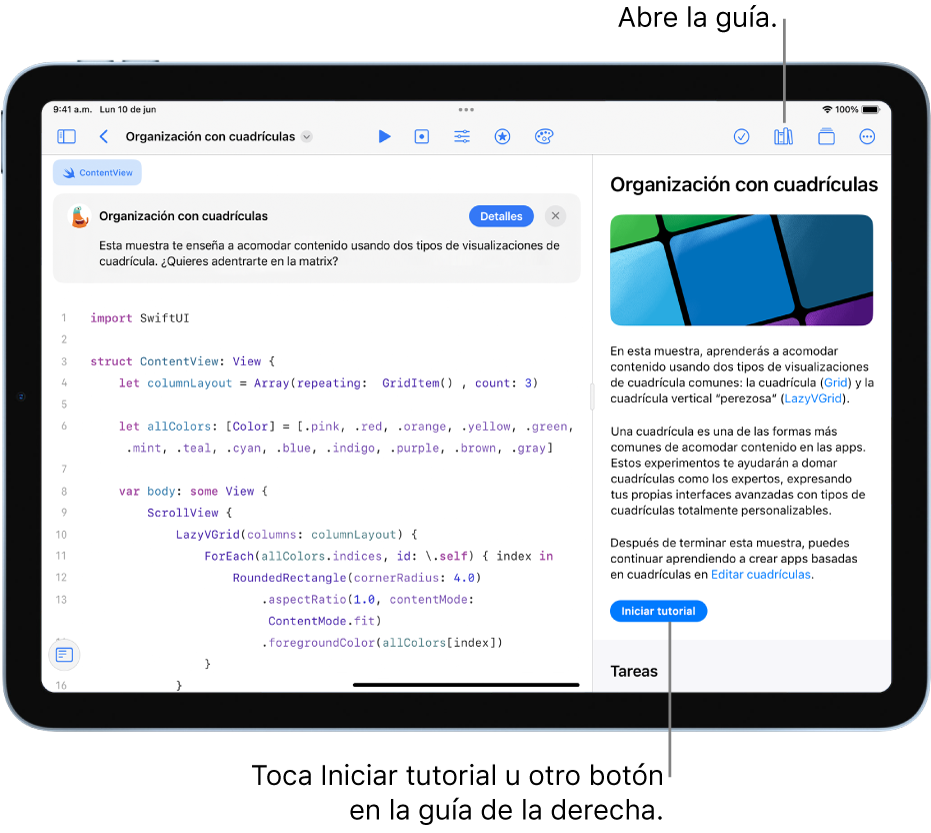 Una pantalla mostrando un playground de app que acomoda contenido en dos tipos distintos de visualizaciones de cuadrícula. La guía de la app aparece en la barra lateral derecha con el botón Iniciar tutorial. La descripción que está arriba del código explica su funcionamiento.