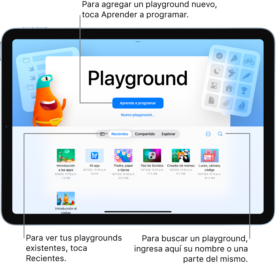 La pantalla de bienvenida de Swift Playground con las opciones Aprende a programar o Crear nueva app, y las apps existentes debajo en la pestaña Recientes.
