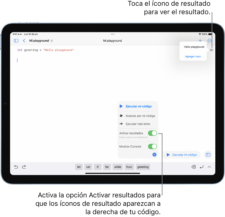 En un libro de playground abierto, se muestra el menú del ícono de resultado con las opciones Mostrar consola y Activar resultados seleccionadas.