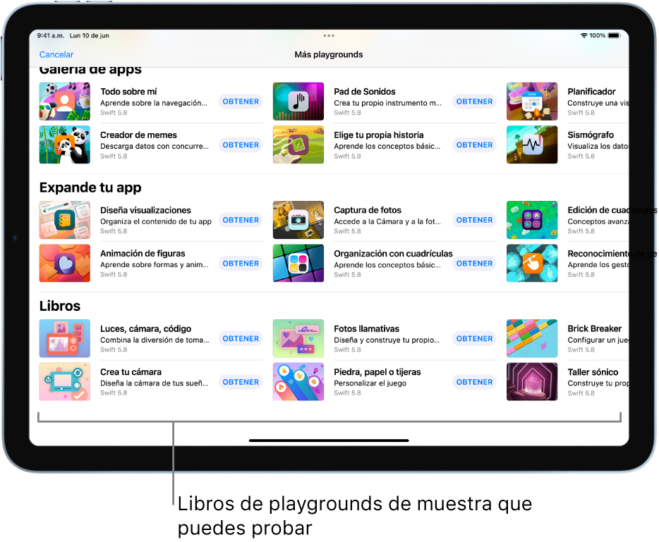 La pantalla Más playgrounds mostrando varios libros de playground que se pueden probar en la parte inferior.