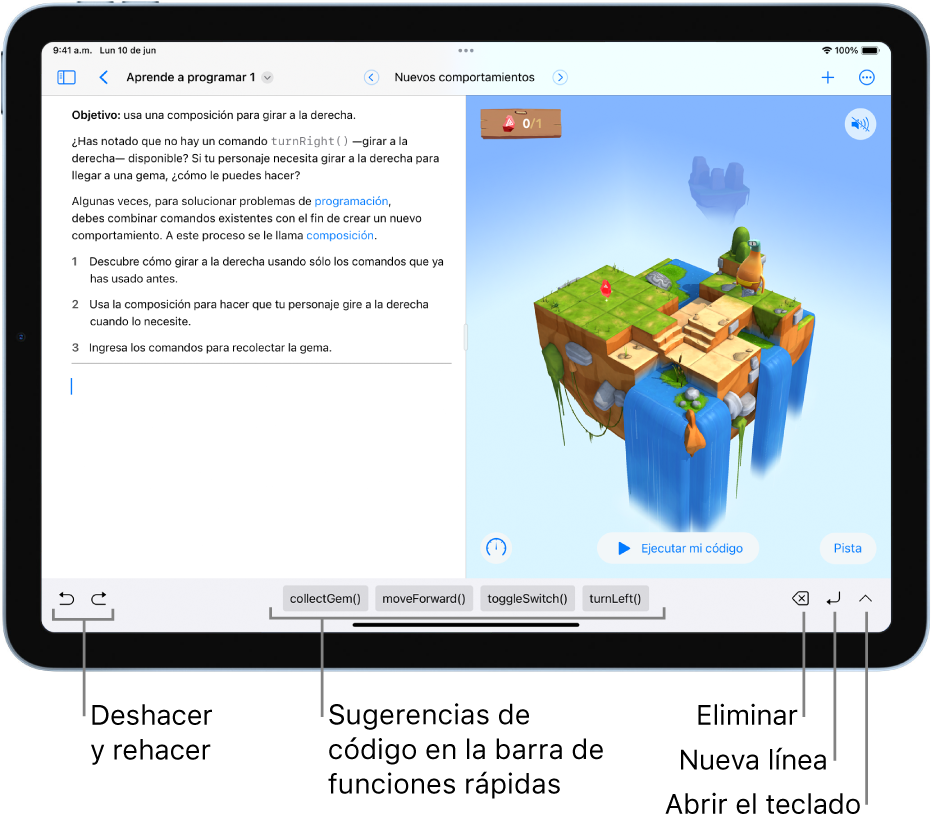 La barra de funciones rápidas está en la parte inferior de la pantalla y muestra (de izquierda a derecha) los botones Deshacer y Rehacer, las sugerencias de código, el botón Eliminar, el botón Nueva línea y el botón Abrir teclado.