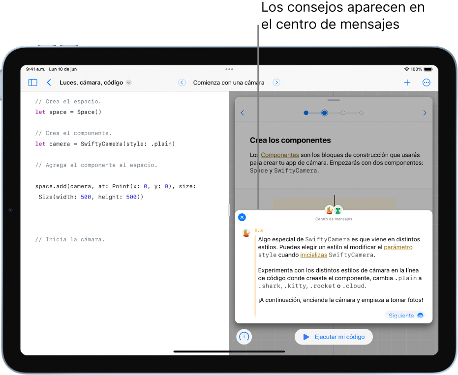 En un libro de playground abierto, el centro de mensajes está abierto y muestra un mensaje con un consejo.