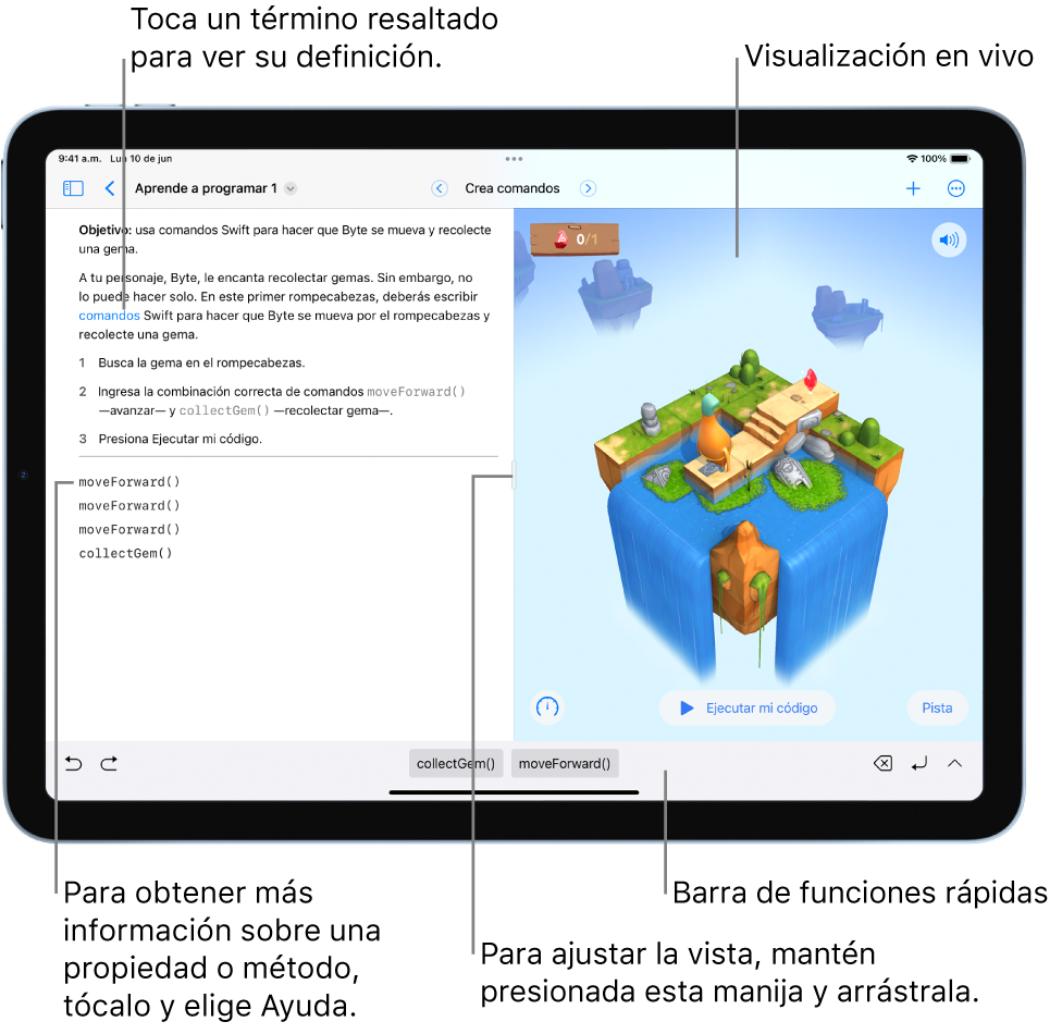 Un playground con un área para ingresar código a la izquierda y la visualización en vivo con el resultado del código a la derecha. El área de código tiene texto resaltado en el que puedes tocar para obtener su definición; o toca en los nombres de los métodos o propiedades para ver la ayuda rápida. Hay sugerencias de código en la barra de funciones rápidas (debajo del área de código) en las que puedes tocar para ingresarlas a tu código.