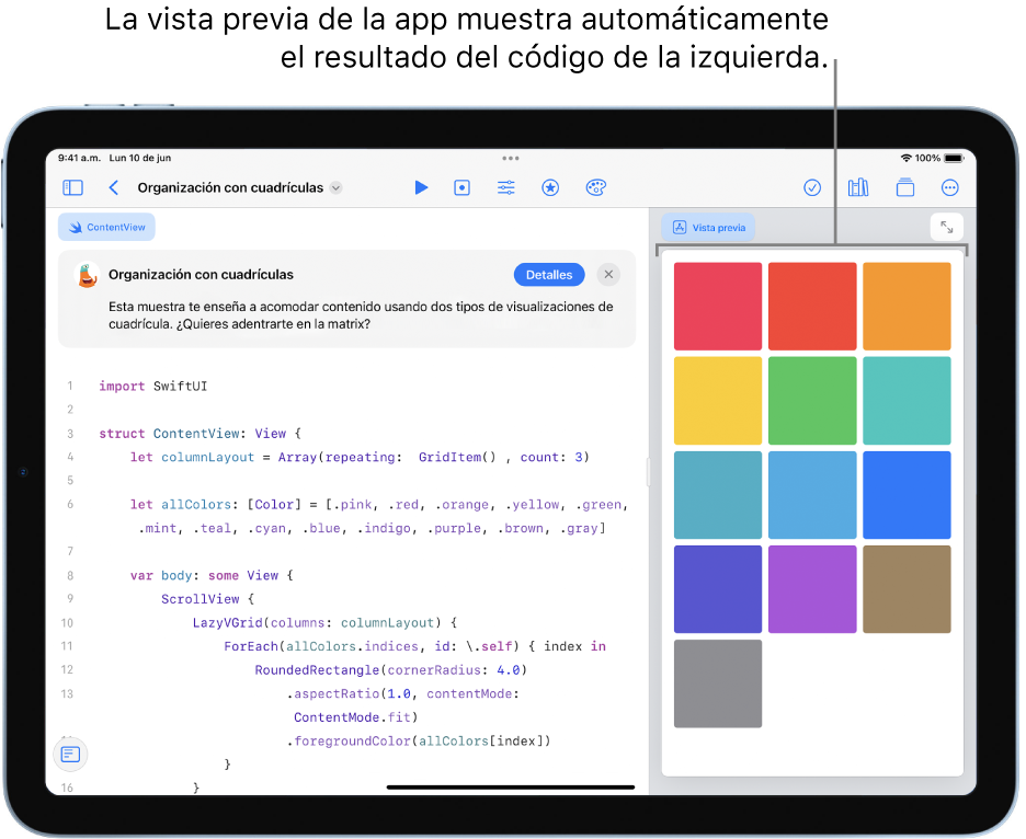 Una app que muestra cómo se acomoda contenido en dos visualizaciones de cuadrícula distintas, mostrando un código de ejemplo a la izquierda y, a la derecha, la vista previa de la app mostrando el resultado del código.