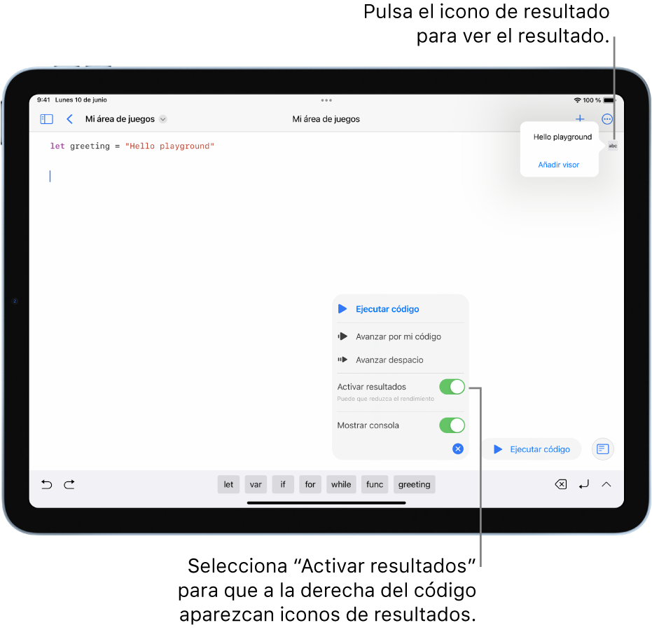 En un libro de áreas de juegos abierto, se muestra el menú del icono de resultados con las opciones “Activar resultados” y “Mostrar consola” seleccionadas.