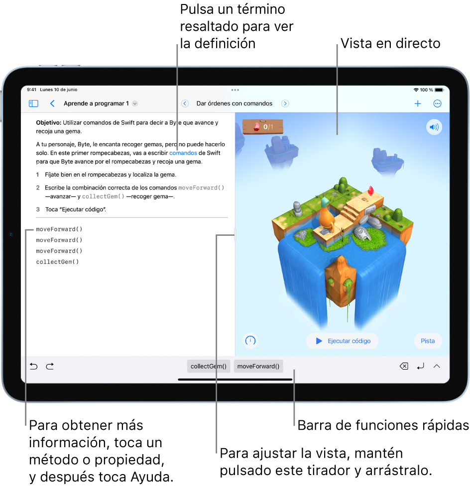 Un área de juegos con la zona para escribir código a la izquierda y la vista en tiempo real del resultado del código a la derecha. El área de código tiene texto resaltado que puedes tocar para ver una definición, y también puedes tocar el método y los nombres de las propiedades para abrir la ayuda rápida. Hay sugerencias de código de la barra de funciones rápidas (situada debajo del área de código) que puedes tocar para introducirlas en tu código.