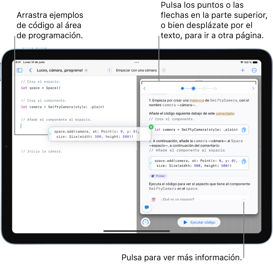 Un libro de áreas de juegos abierto, con instrucciones y ejemplos de código a la derecha y un área de código en la izquierda, mostrando cómo arrastrar un ejemplo de código desde las instrucciones al área de código. Toca los puntos o las flechas de la parte superior de las instrucciones o desliza el dedo por el texto para ir a otra página.