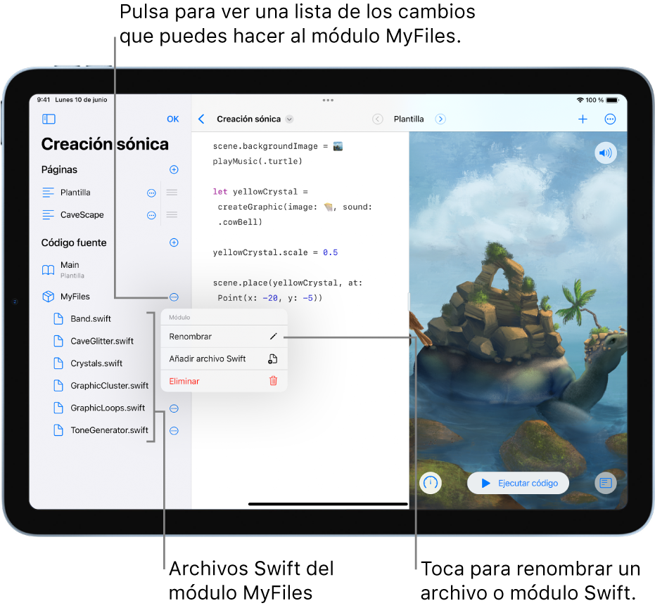 Una página de área de juegos con la barra lateral abierta, mostrando páginas, módulos y archivos Swift. La lista está en el modo de edición, lo que te permite tocar los botones a la derecha de la lista para renombrar, añadir o eliminar páginas, módulos o archivos.