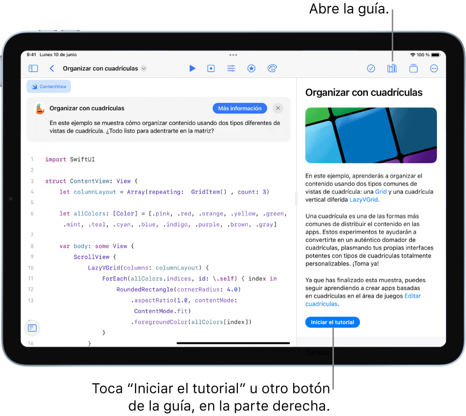 Pantalla que muestra un área de juegos de app que organiza el contenido en dos tipos distintos de vistas de cuadrícula. El manual de la app aparece en la barra lateral derecha con el botón “Iniciar el tutorial”. La descripción situada encima del código explica qué hace el código.