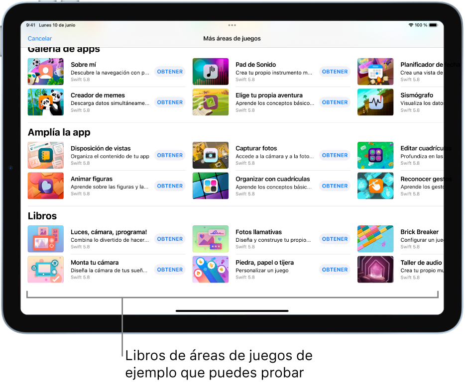 La pantalla “Más áreas de juegos” con varios libros de áreas de juegos que puedes probar en la parte inferior.