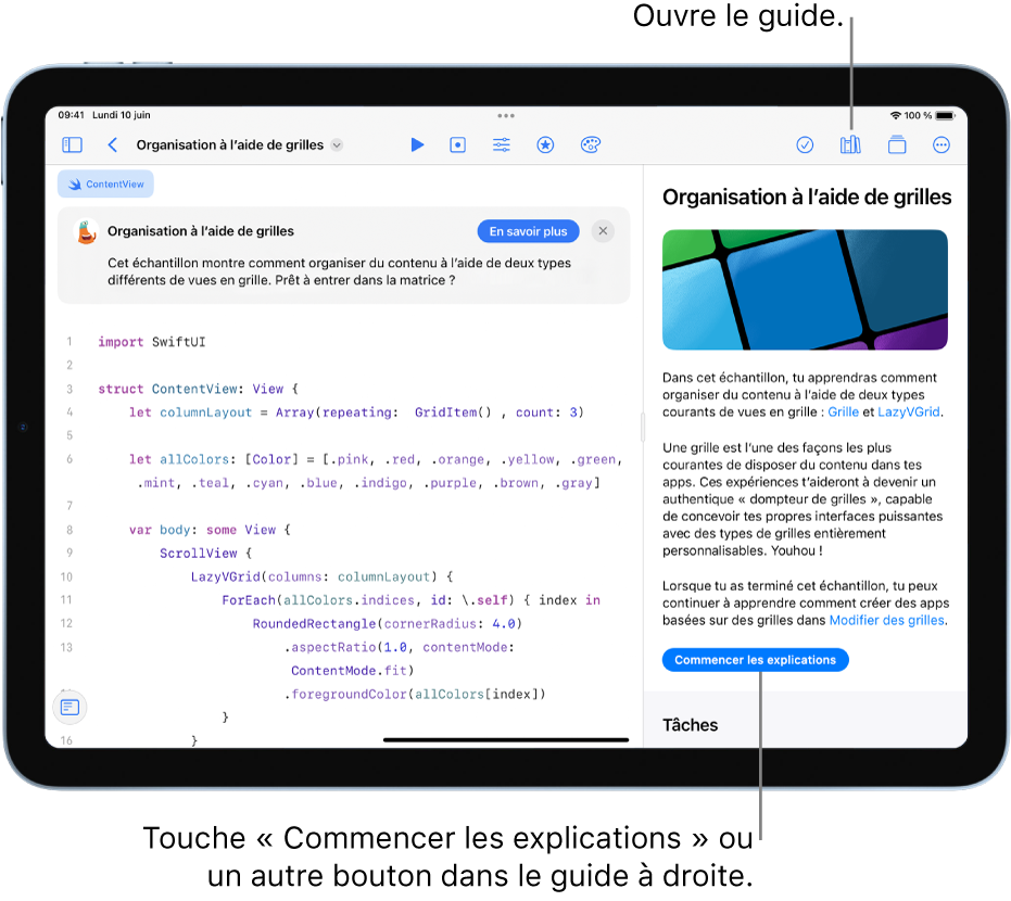 Un écran montrant un playground d’app qui dispose le contenu dans deux différentes présentations en grille. Le guide de l’app s’affiche dans la barre latérale de droite avec un bouton « Commencer les explications ». La description au-dessus du code explique ce que fait le code.