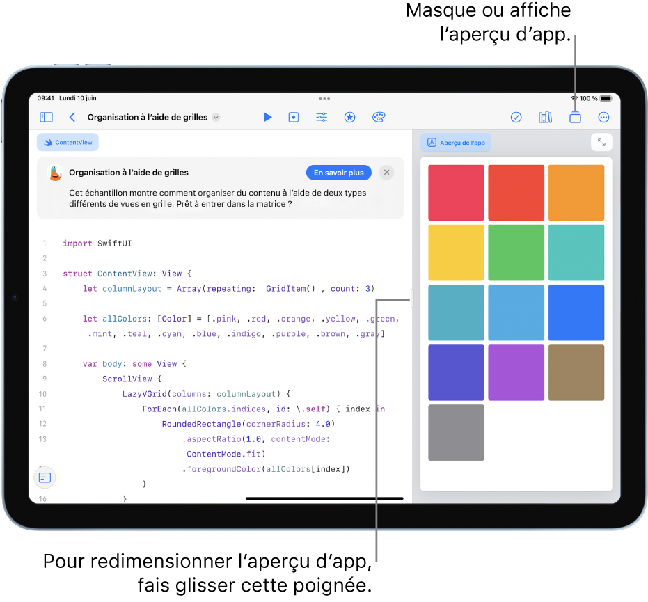 Une app qui montre comment disposer du contenu dans deux différentes présentations en grille. L’aperçu d’app qui se situe à droite affiche le résultat du code dans la zone de codage à gauche.