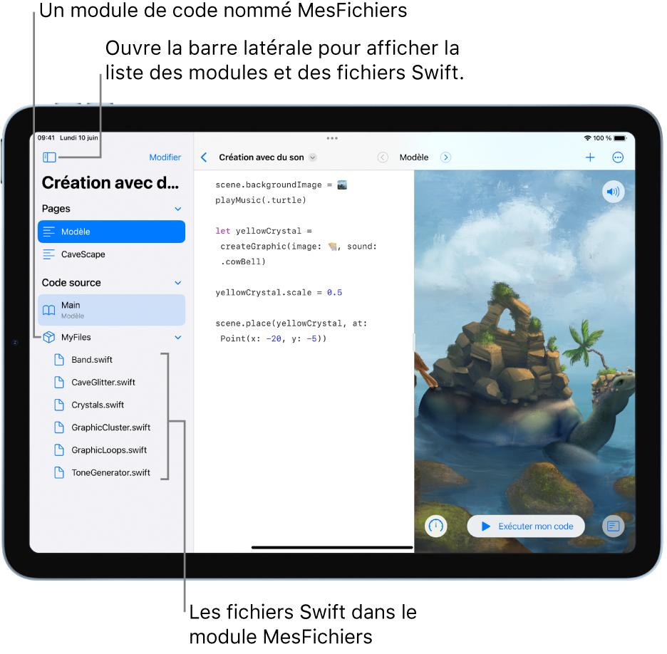 Une page de playground avec la barre latérale ouverte et la page Modèle sélectionnée dans la section Pages. La barre latérale est ouverte et montre la liste des fichiers Swift qu’elle contient.