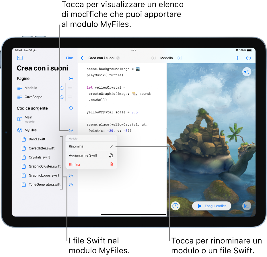 Una pagina di playground con la barra laterale aperta, che mostra le pagine, i moduli e i file Swift. L’elenco è in modalità “Modifica”, che consente di toccare i pulsanti sulla destra dell’elenco per rinominare, aggiungere o eliminare pagine, moduli o file.