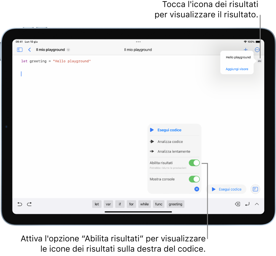 In un libro di playground aperto, è visibile il menu con le icone dei risultati e le opzioni “Abilita risultati” e “Mostra console” selezionate.